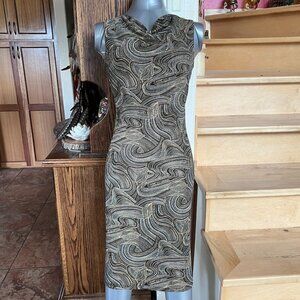 San Joy Sleeveless Stretch Cowl Neck with Swirls and Leaf Pattern, Gold Accents